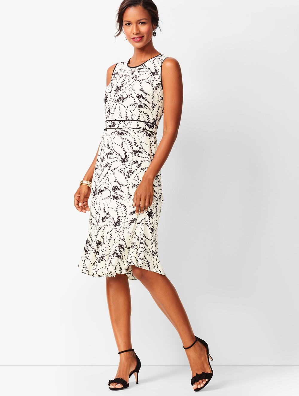 Talbots Dress Women's Size 10 Ivory & Black Flounce Hem Floral Feminine Floral